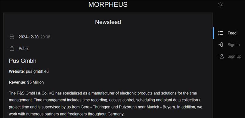 Figure 1 - Morpheus DLS landing page showing Pus GmbH victim post.